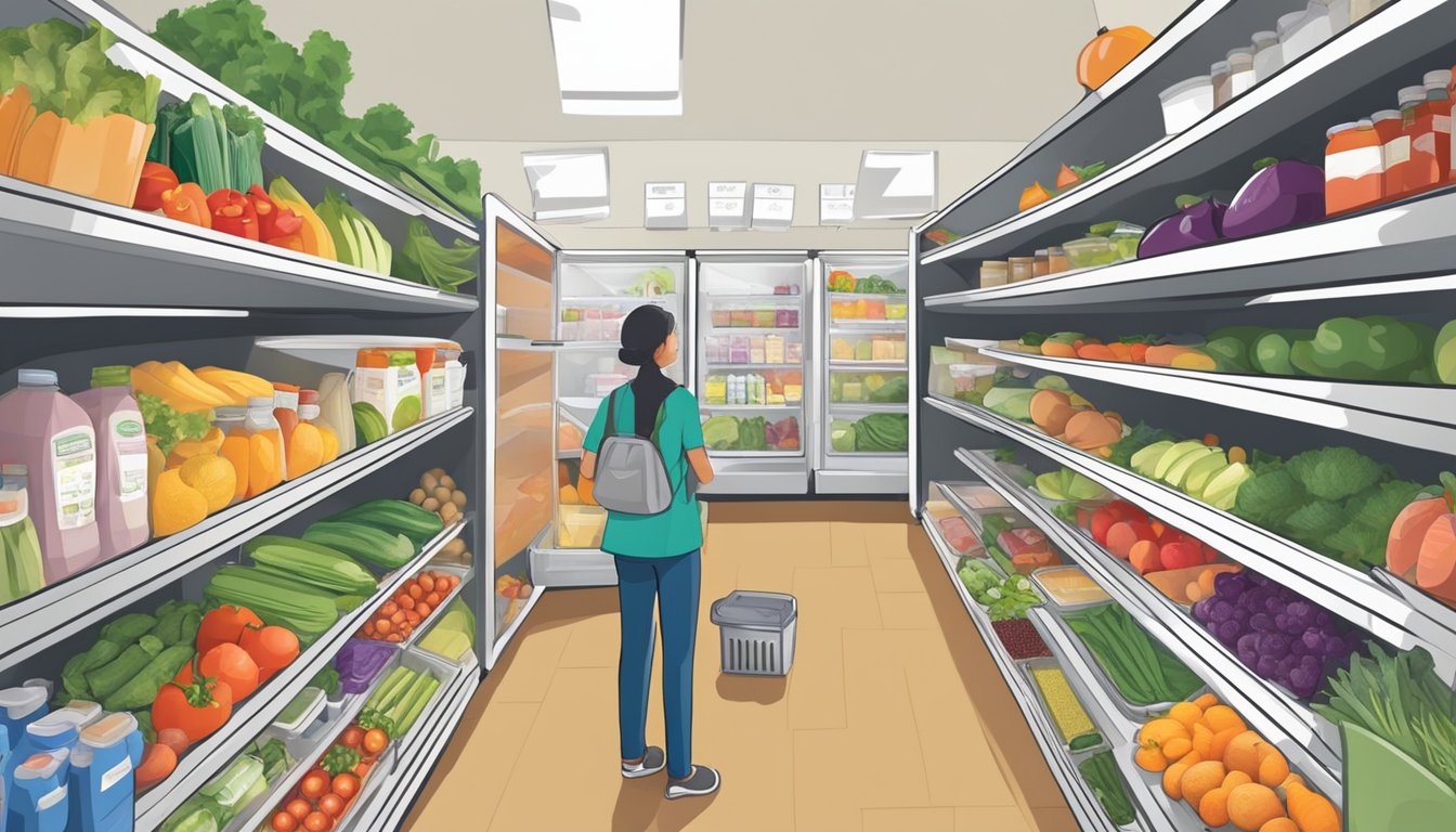 A bustling community fridge in Phoenix, AZ, filled with fresh produce and neatly organized shelves. Volunteers restock and organize the contents with care