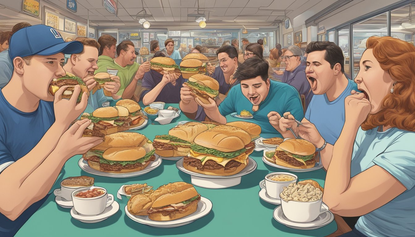 Competitive eaters devouring oversized bearwiches in a crowded Connecticut diner