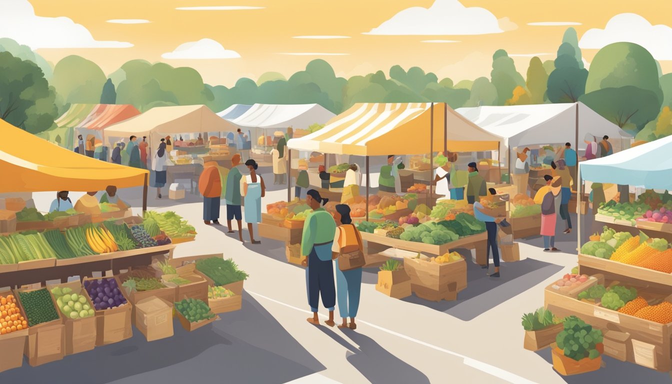 A bustling farmers' market with colorful stalls selling fresh produce, local honey, and artisanal goods. Customers browse and chat with farmers, creating a lively and community-focused atmosphere