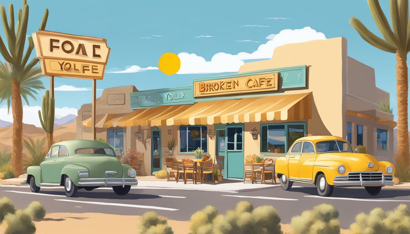 A bustling cafe with Arizona desert scenery, featuring the iconic Broken Yolk Cafe sign and a special dish on display