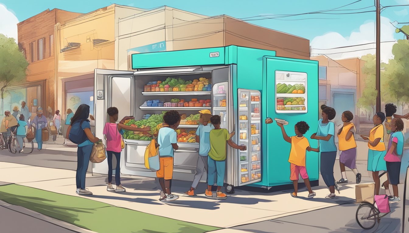 A brightly colored community fridge surrounded by people donating and taking food in a bustling Phoenix neighborhood