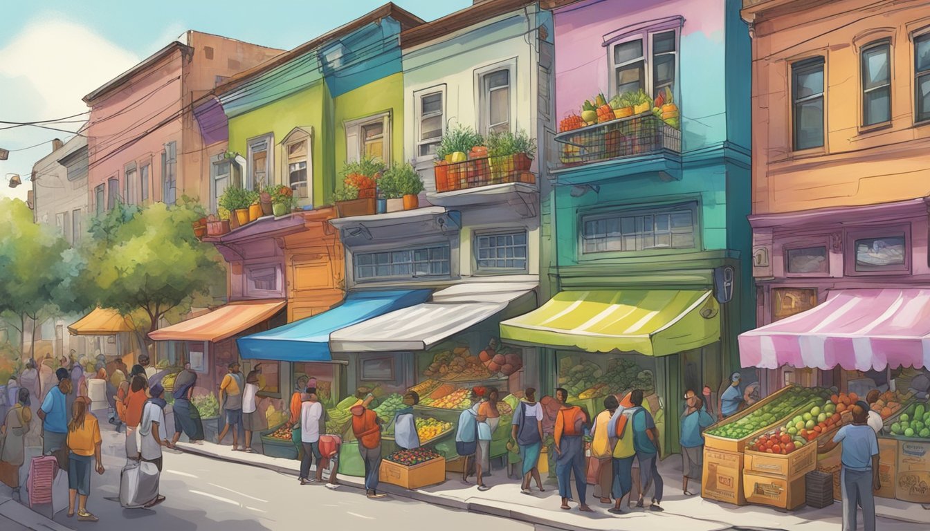 A bustling street corner with a colorful, graffiti-covered fridge filled with fresh produce and packaged goods, surrounded by a diverse group of people exchanging items