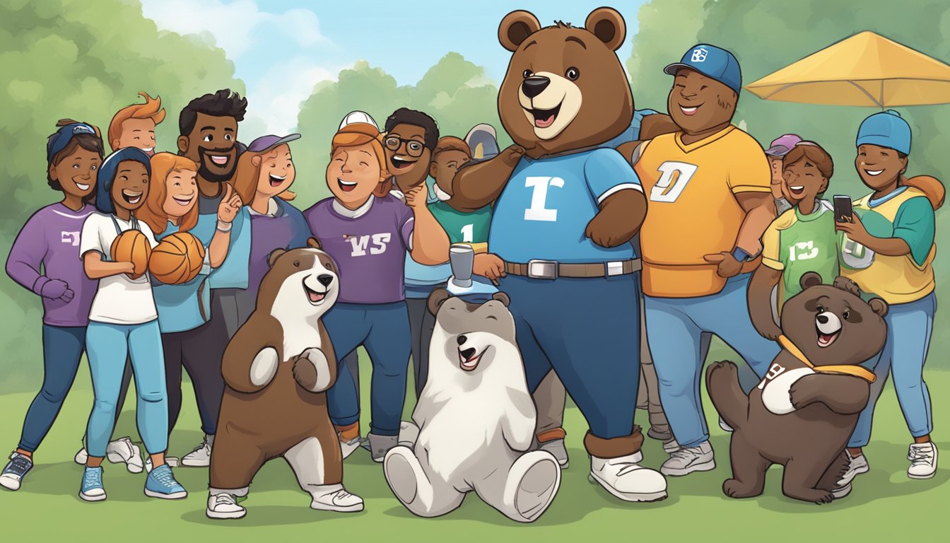 A bearwich mascot engages with a diverse group of people on social media, promoting a community challenge in Connecticut