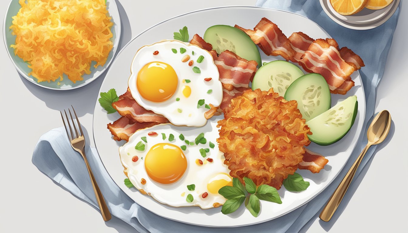 A colorful plate of sunny-side-up eggs, crispy bacon, golden hash browns, and a side of fresh fruit on a white porcelain plate