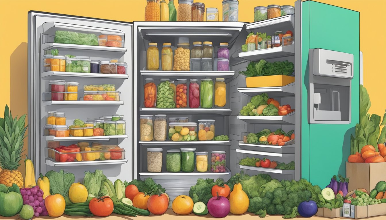 A colorful community fridge in Phoenix, AZ with fresh produce and canned goods, surrounded by diverse individuals contributing and taking items