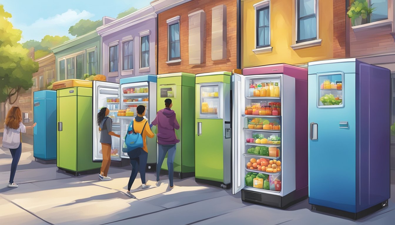 A colorful community fridge surrounded by diverse buildings and people