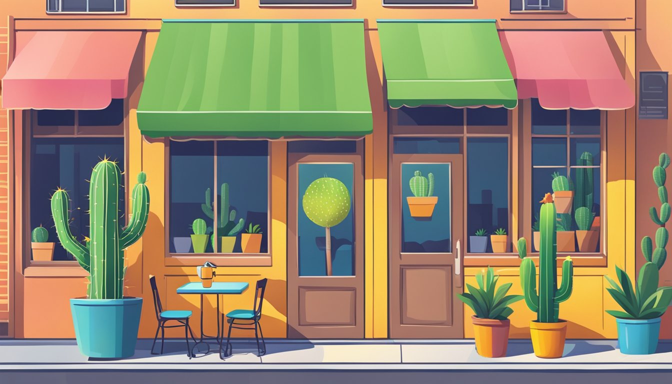 A colorful sign outside a bustling cafe, with a bright sun shining above and a cactus in the background