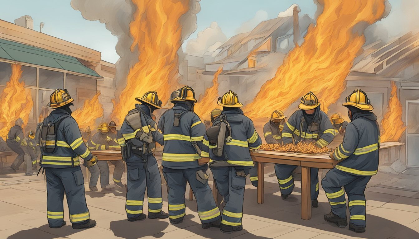 A group of firefighters battle flames engulfing a wing-eating challenge at Conclusion California Smokeeaters