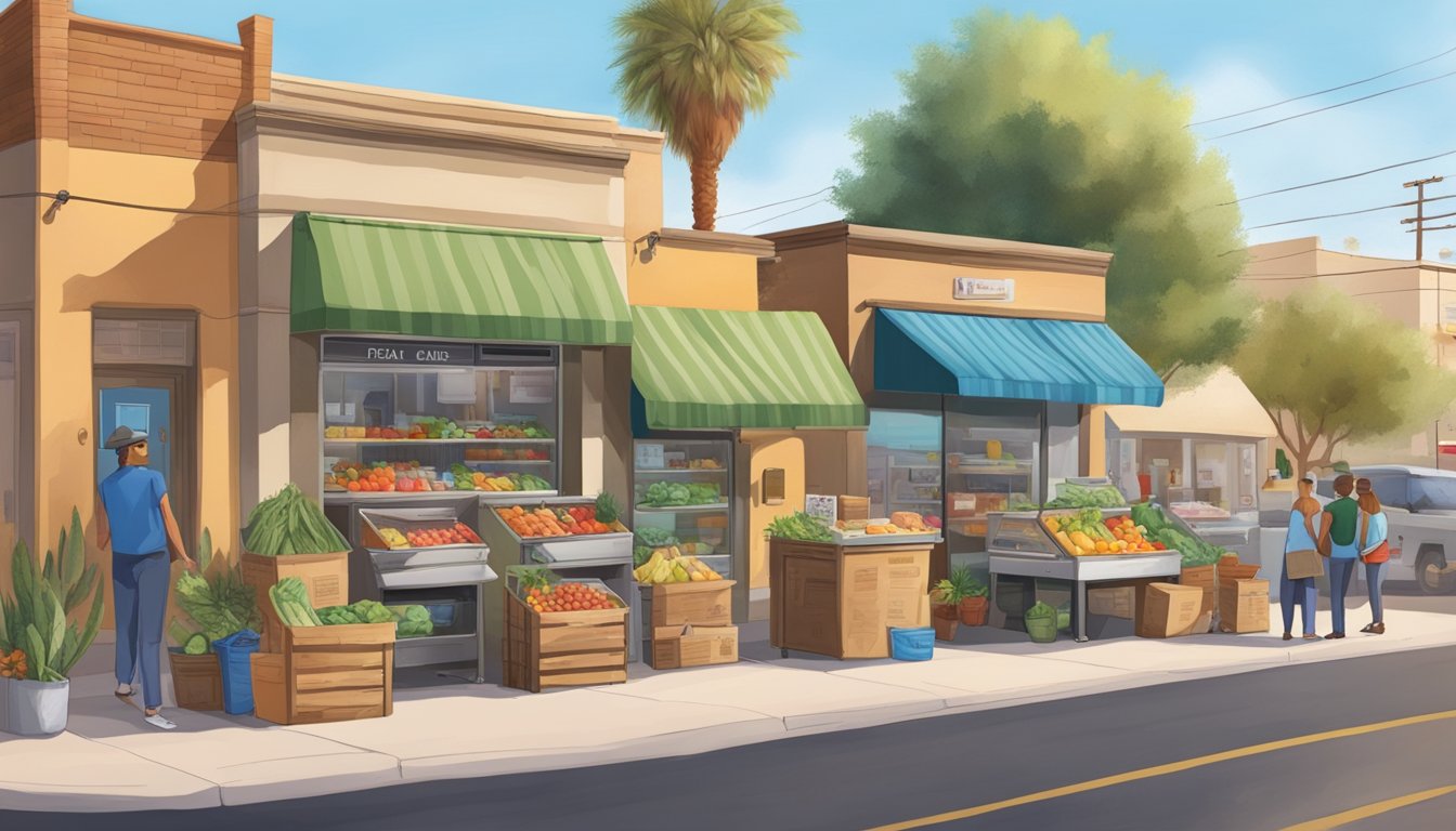 A bustling street corner in Glendale, Arizona, with a colorful community fridge adorned with signs and filled with fresh produce and packaged goods