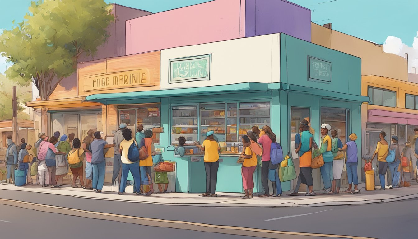 A bustling street corner in Phoenix, Arizona, with a brightly colored community fridge surrounded by people adding and taking food