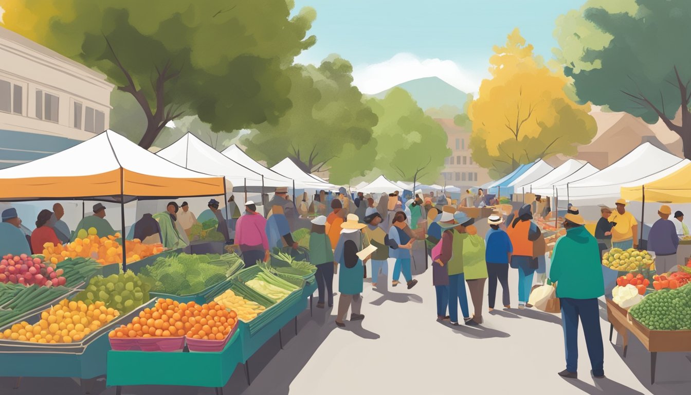 A bustling farmers' market in Vallejo, with vendors selling fresh produce and community members mingling