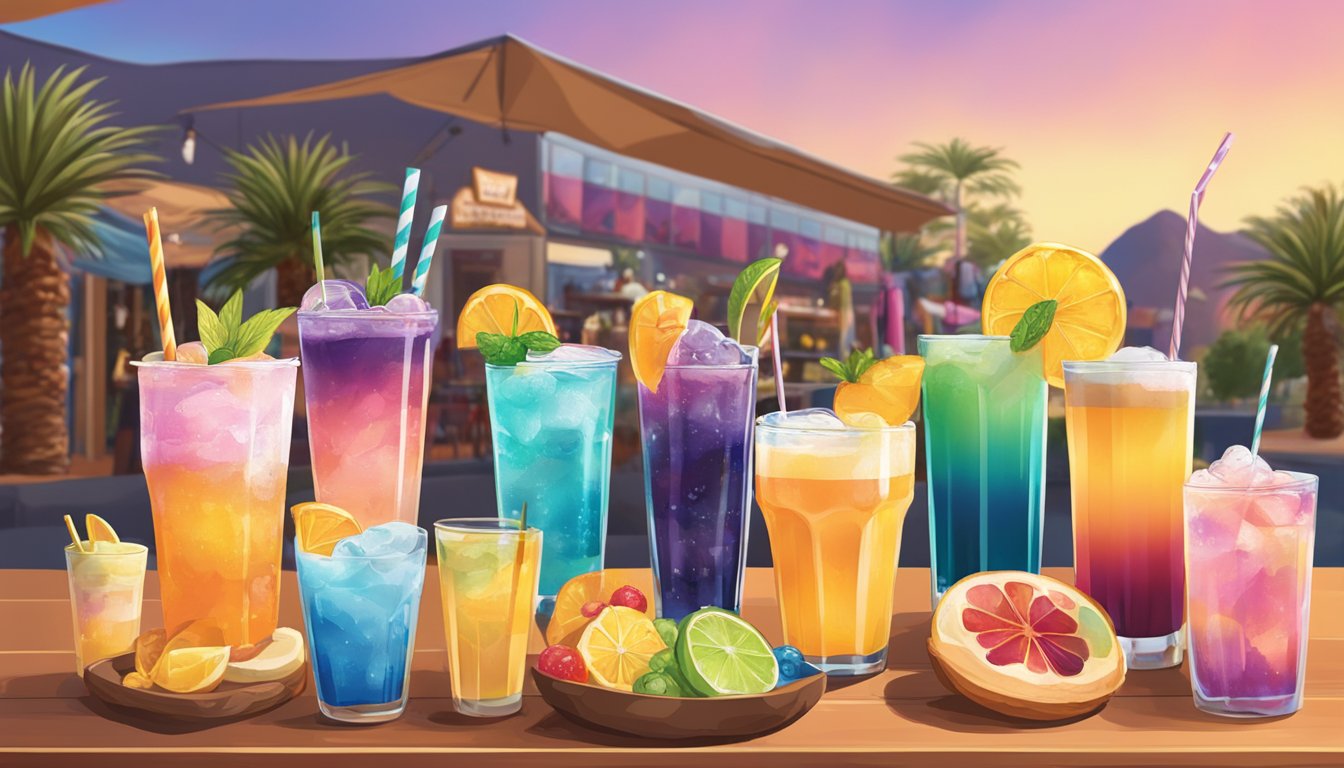 A colorful array of beverages and specialty drinks displayed on a cafe table with Arizona-themed decor