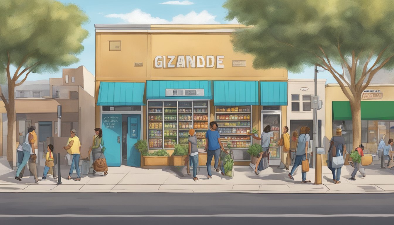 A bustling street in Glendale, Arizona, with a community fridge prominently displayed, easily accessible to all