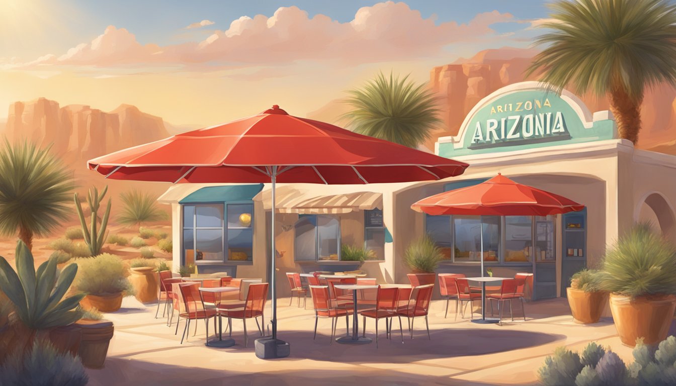 A sunny outdoor patio with a red umbrella and a sign for "Arizona Broken Yolk Cafe" against a desert backdrop