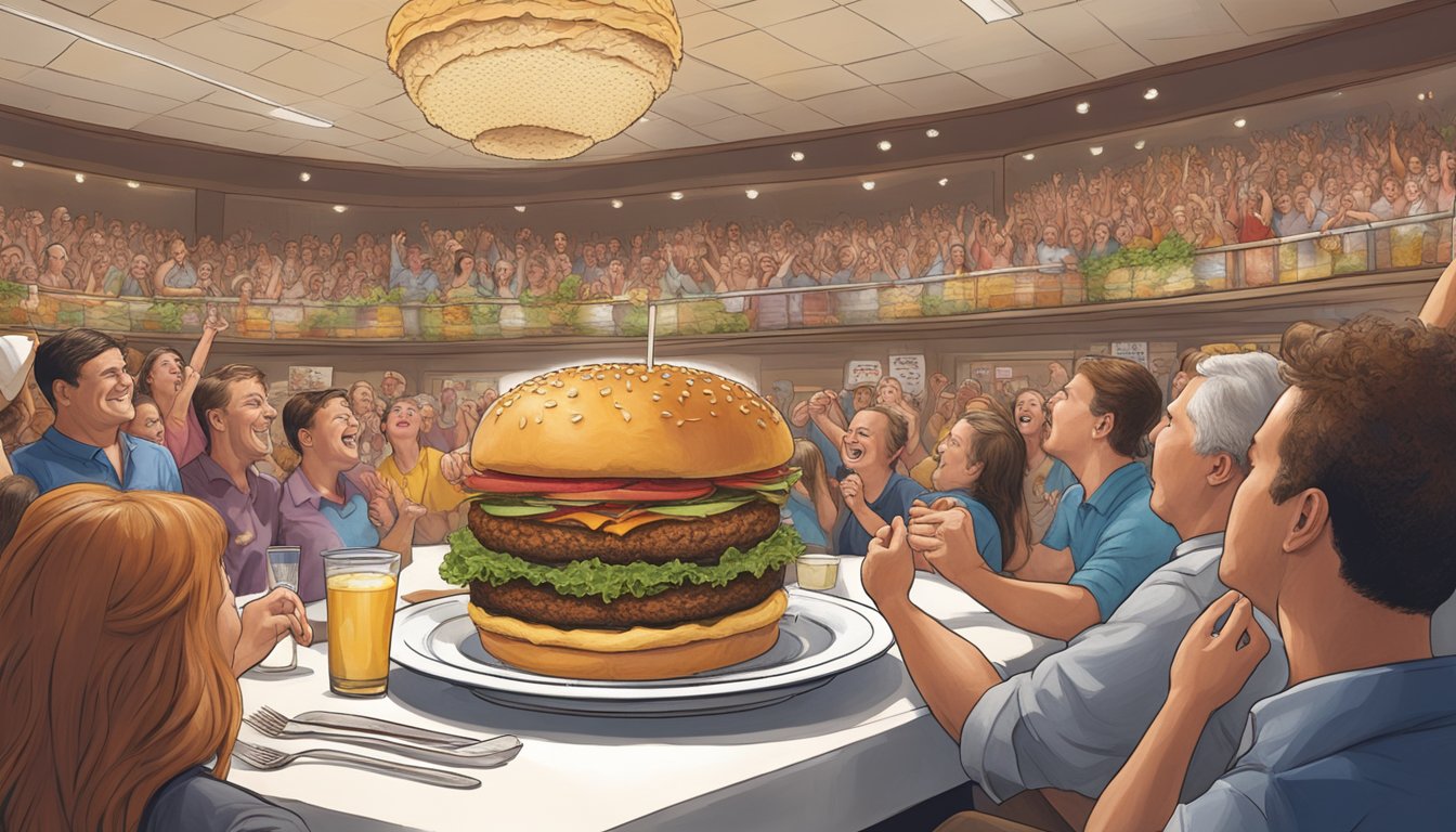 A massive three-pound burger towering on a plate, surrounded by cheering spectators in an Arkansas restaurant