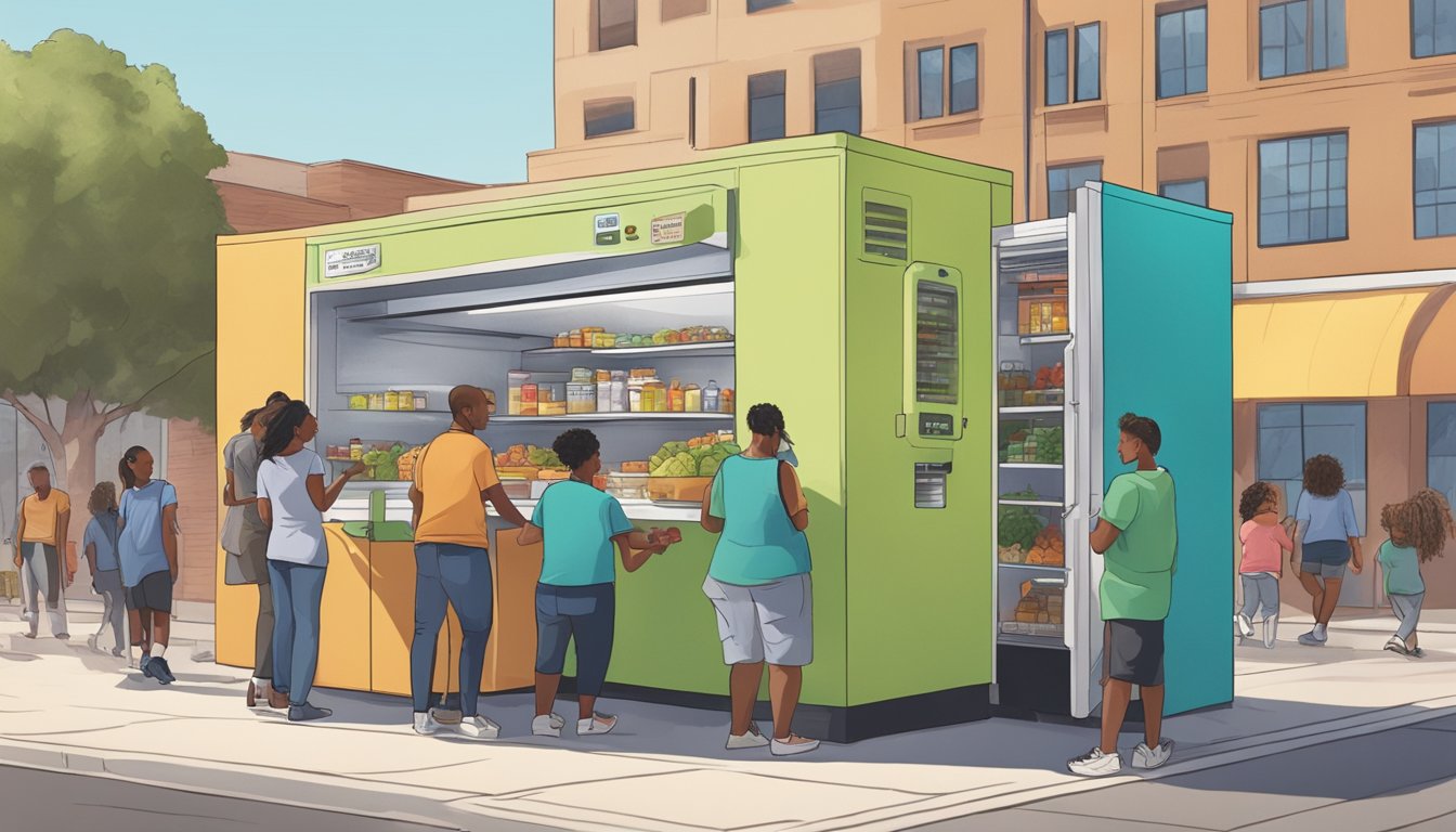 A local community fridge surrounded by diverse buildings and people exchanging food and support in Glendale, AZ