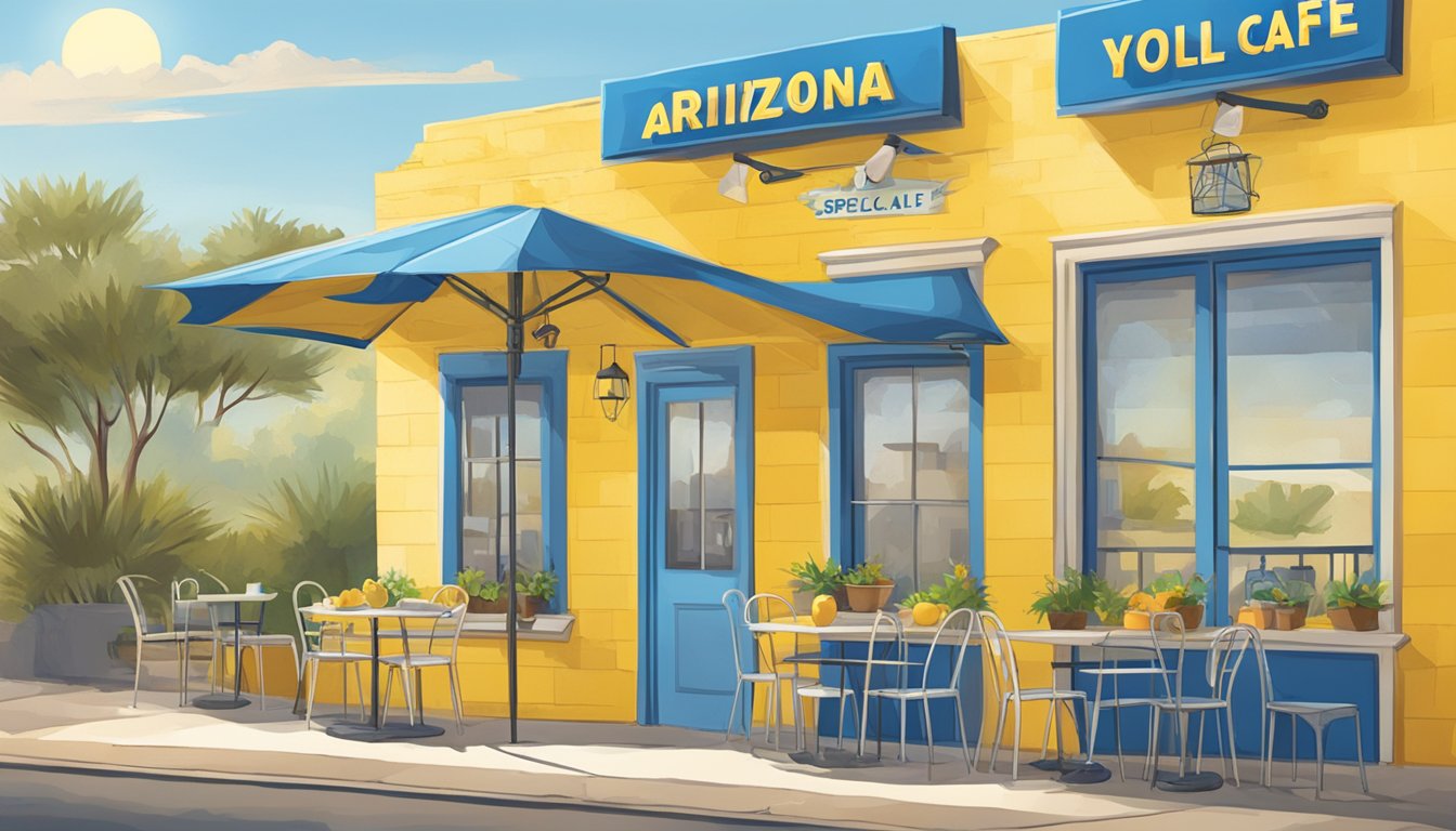 A sunny outdoor patio with a vibrant yellow and blue color scheme, featuring a broken egg motif and a sign advertising the "Arizona Special" at the Broken Yolk Cafe