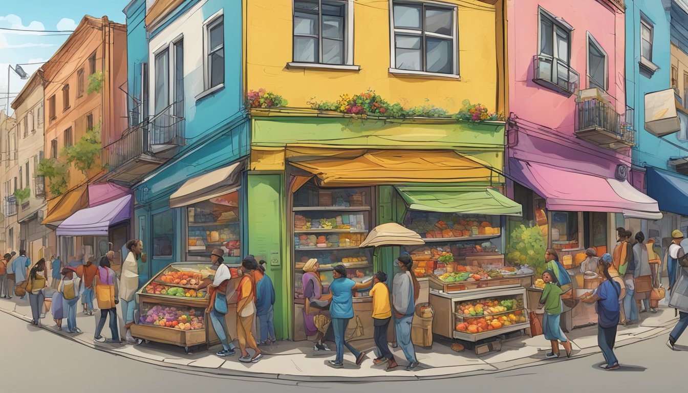 A bustling street corner with a colorful, graffiti-covered refrigerator filled with various food items and a diverse group of people exchanging goods