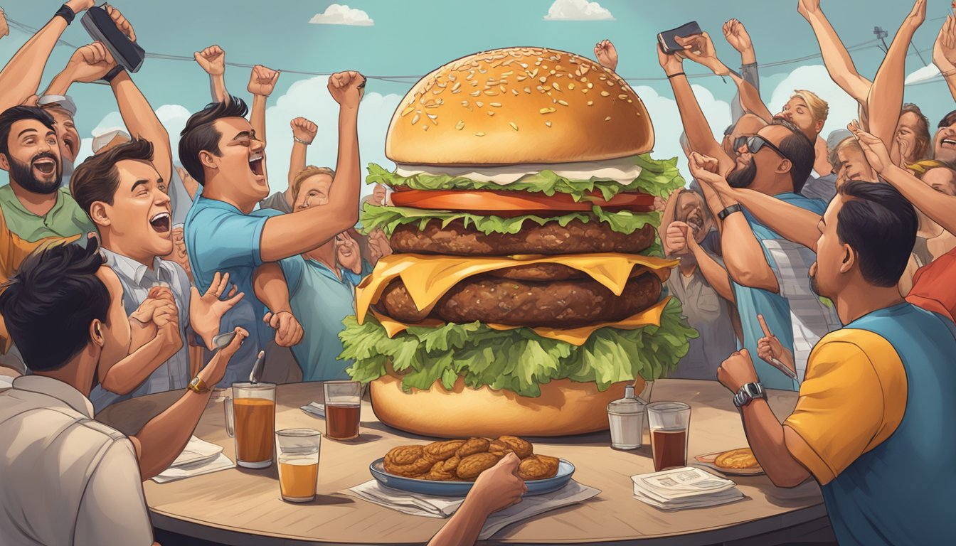 A towering three-pound burger surrounded by cheering onlookers and a stopwatch on a table