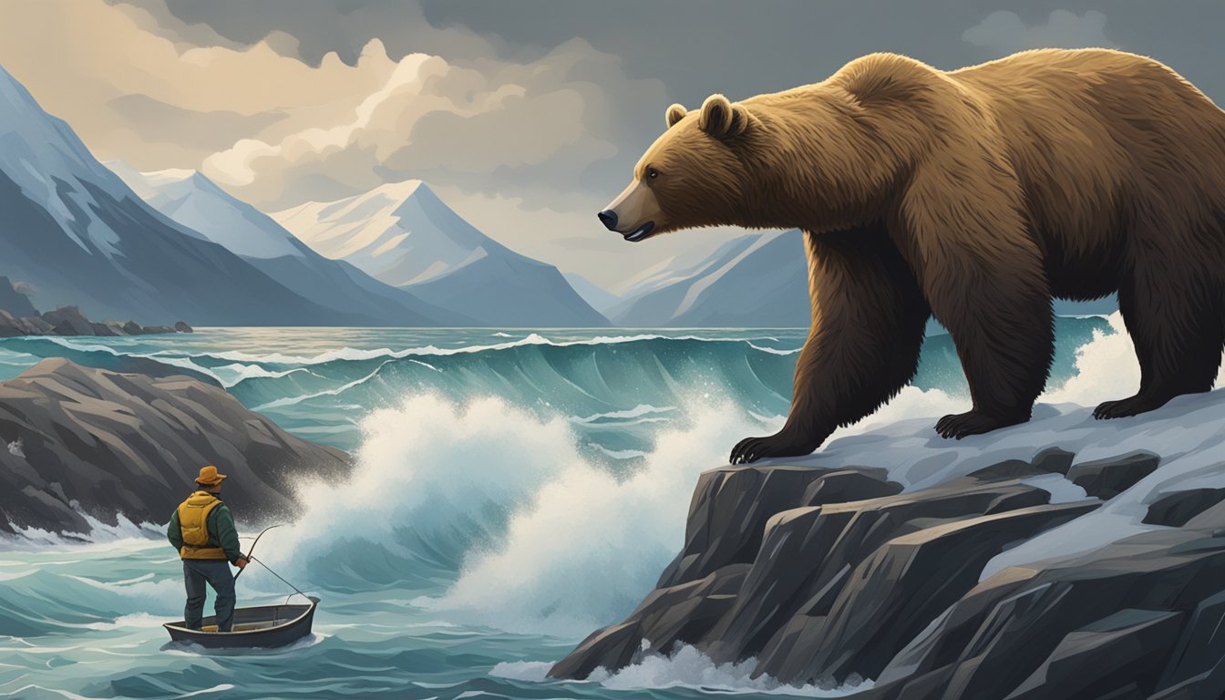 A bear and a fisherman face off on a rugged Alaskan coastline, with a backdrop of snowy mountains and a stormy sea