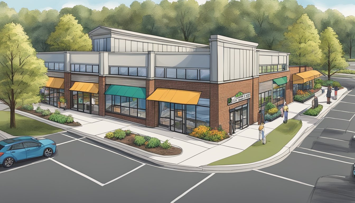 A bustling local food coop in Rochester, MN with a wide entrance and parking lot, surrounded by trees and a clear signage