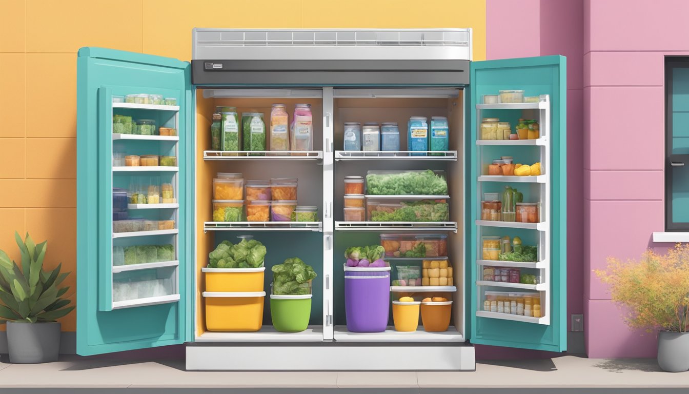 A colorful local community fridge in Tempe, AZ, surrounded by diverse buildings and easily accessible to the public