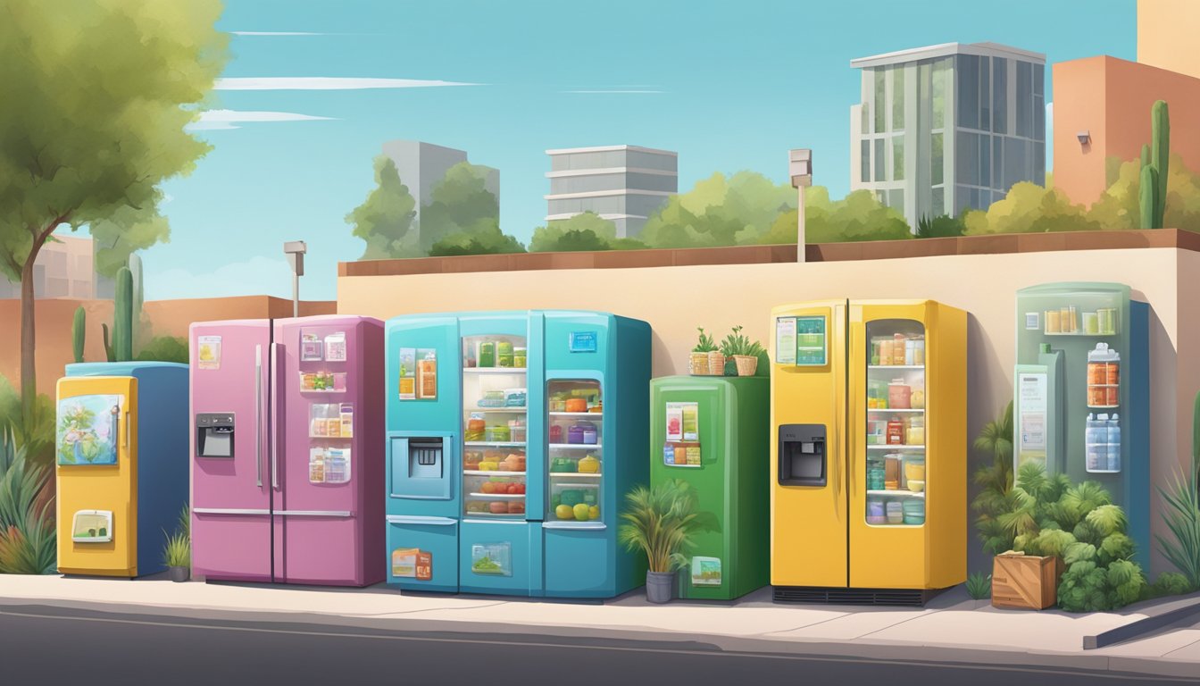 A colorful local community fridge surrounded by diverse buildings and greenery in Conclusion Glendale, AZ