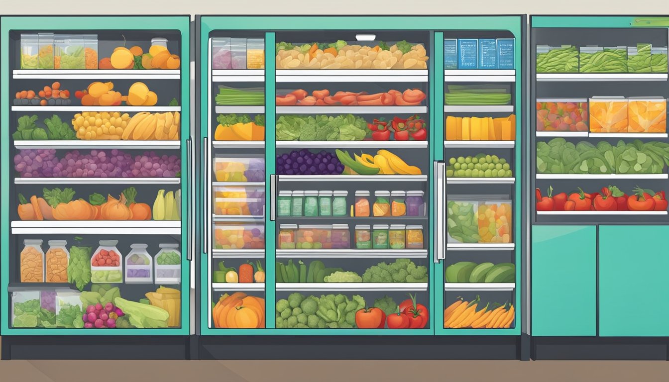 A colorful community fridge in Tempe, AZ stocked with fresh produce and labeled food items