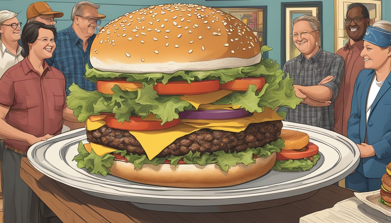 A massive three-pound burger being presented on a platter with Arkansas-themed decor and cultural symbols in the background