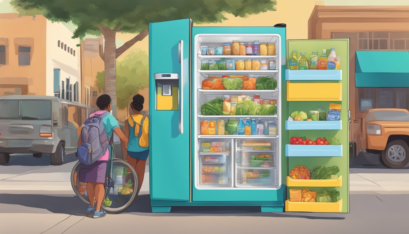 A colorful local community fridge surrounded by supportive organizations in Tempe, AZ