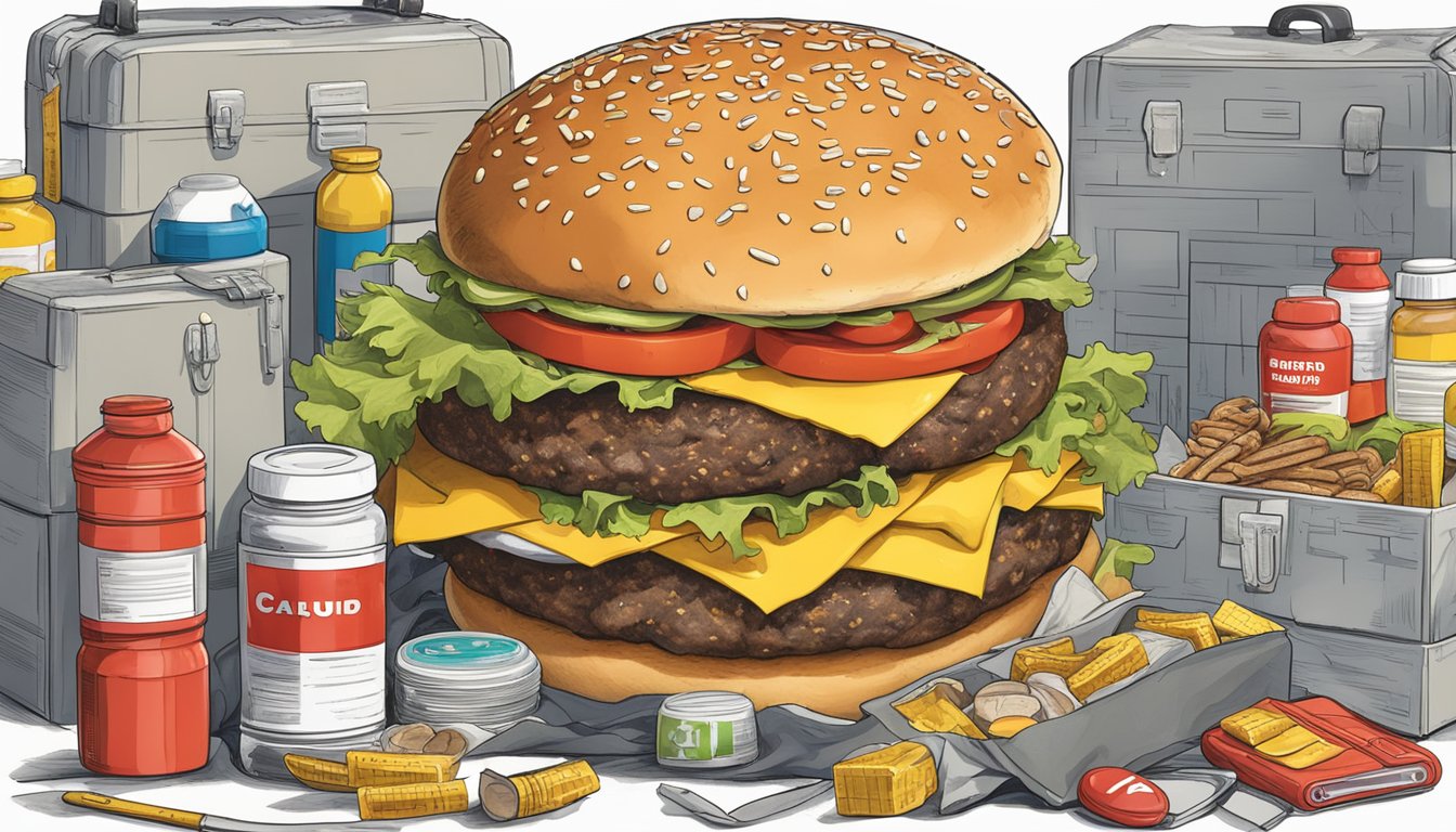 A massive three-pound burger surrounded by caution signs and a first aid kit