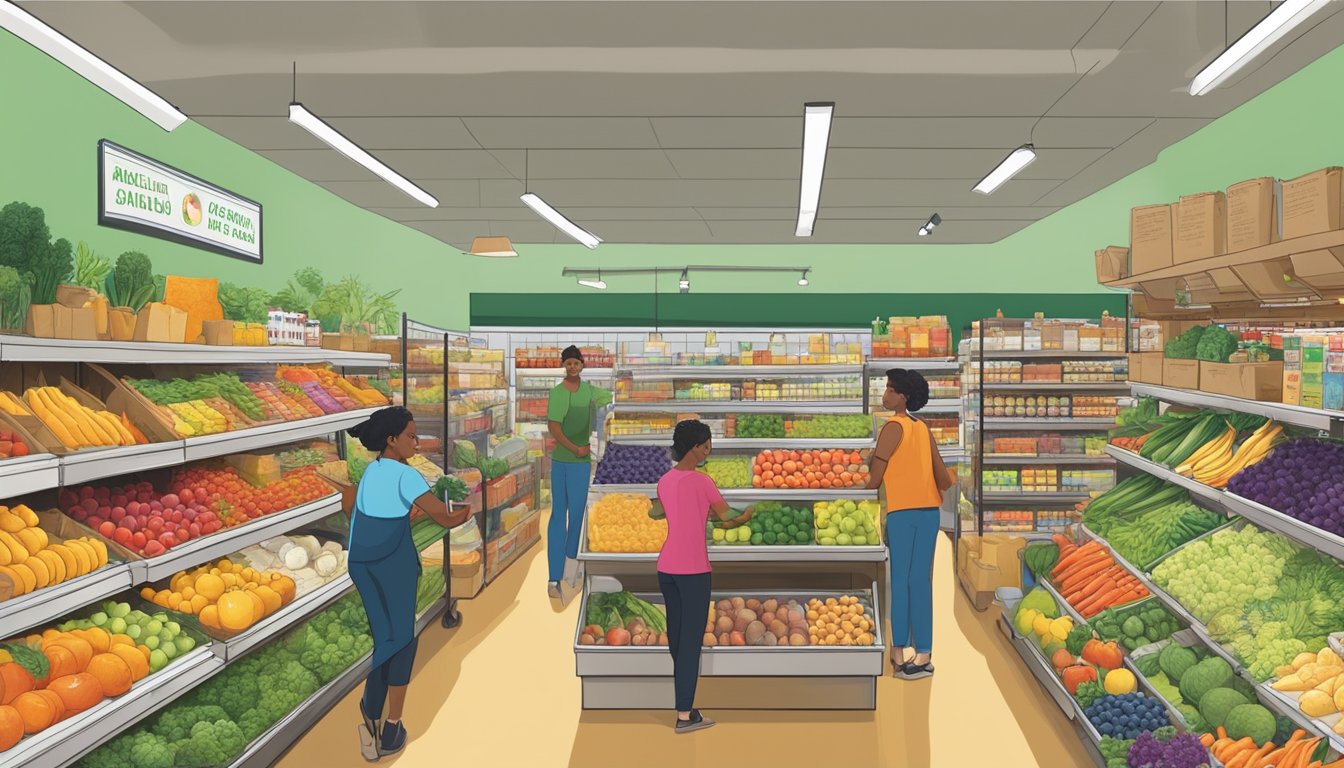 A bustling local food co-op in Rochester, MN, with colorful produce, shelves stocked with goods, and customers browsing the aisles