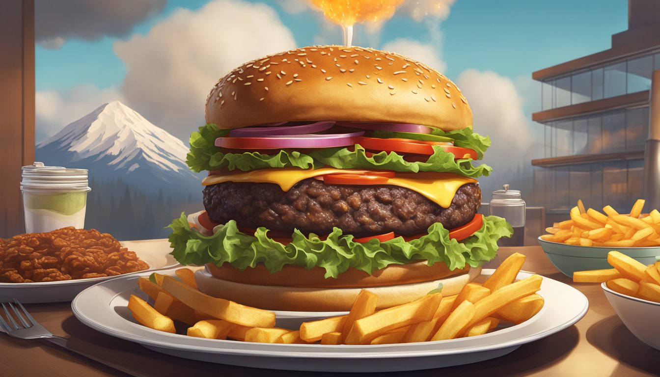 A giant burger sits on a plate, towering above the table. Steam rises from the meaty behemoth, with a mountain of fries on the side