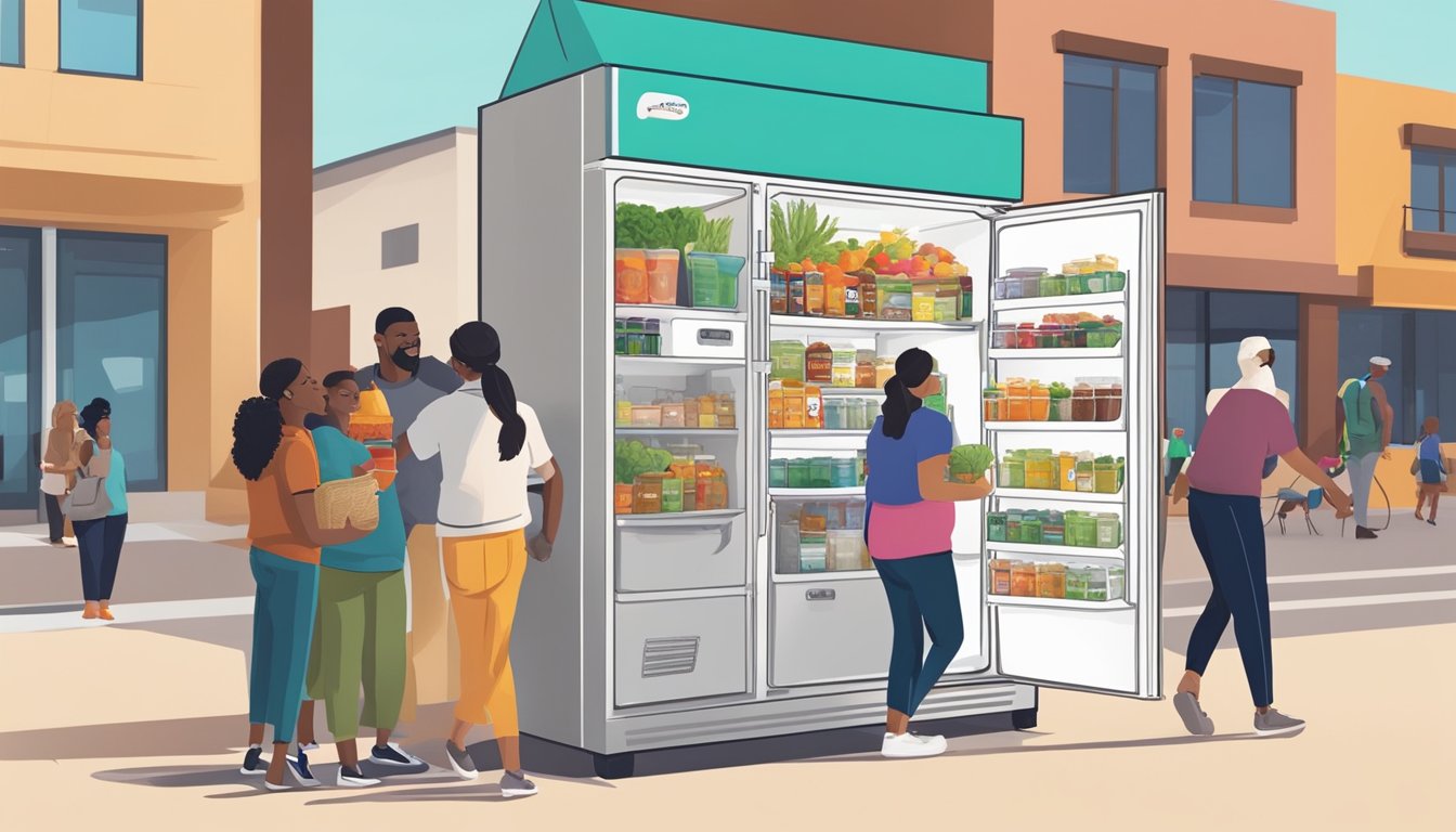 A community fridge surrounded by diverse residents in Peoria, AZ, with people accessing and donating food items