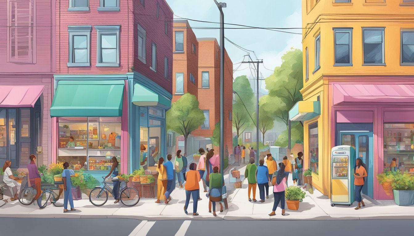 A bustling neighborhood street with a colorful community fridge surrounded by people exchanging food and engaging in conversation