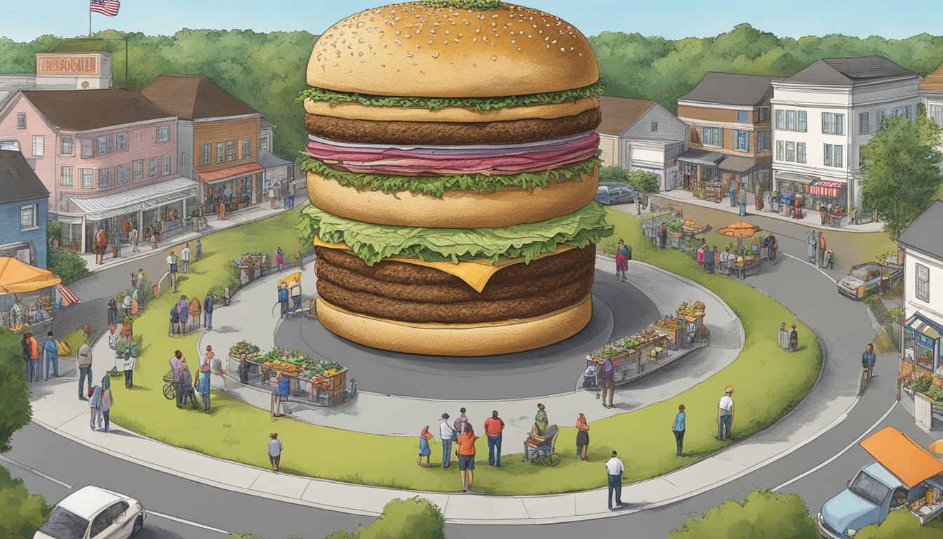 A giant three-pound burger towering over a small town in Arkansas, with people gathered to witness the daunting food challenge