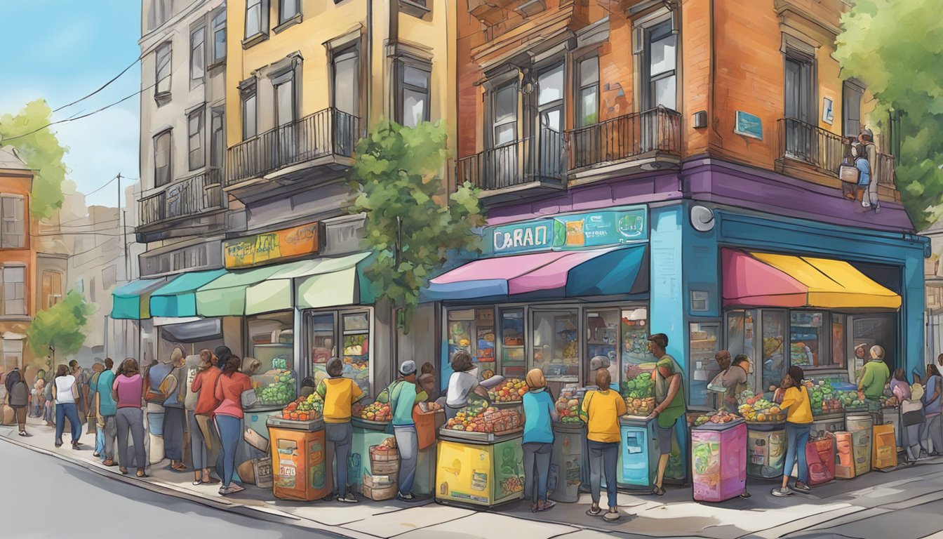 A bustling street corner with a colorful, graffiti-covered refrigerator filled with food and drinks. People of all ages and backgrounds are seen stopping by to take or donate items