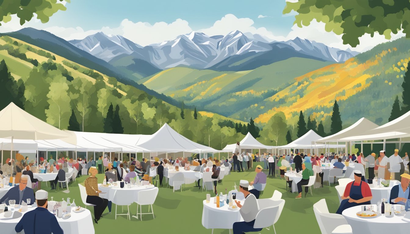 A bustling outdoor event at the Aspen Food & Wine Classic, with chefs conducting professional seminars amidst a backdrop of mountains and vineyards