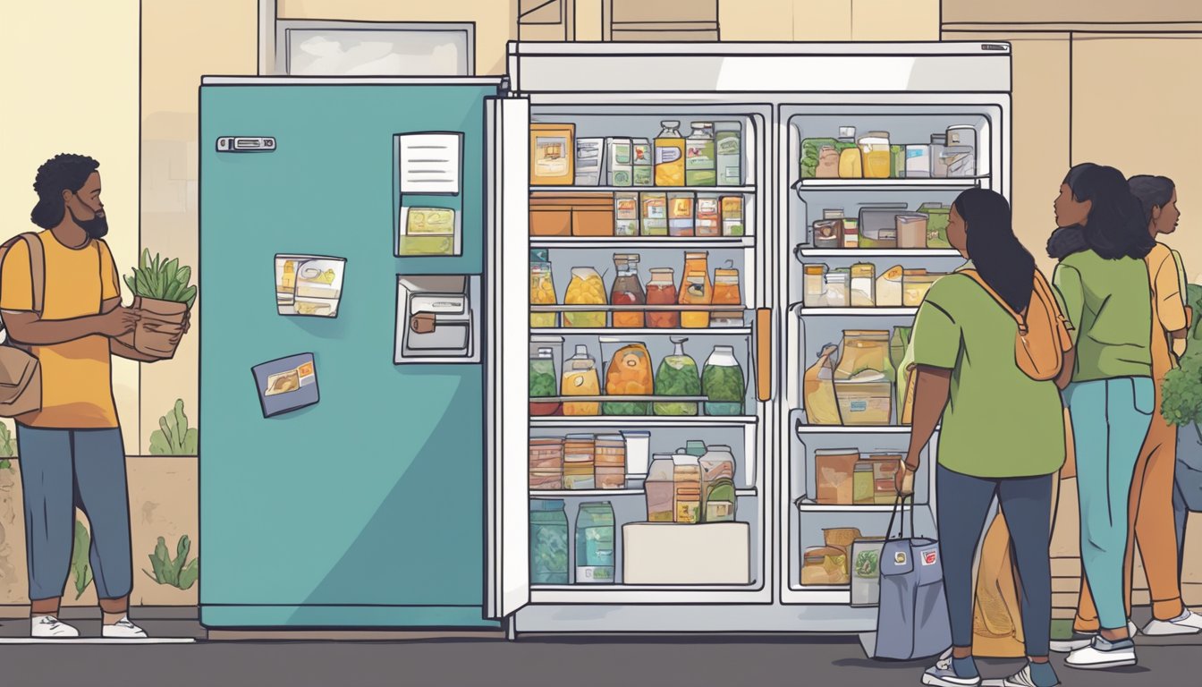 A bustling local community fridge in Tempe, AZ, with people making frequent contributions of food and supplies