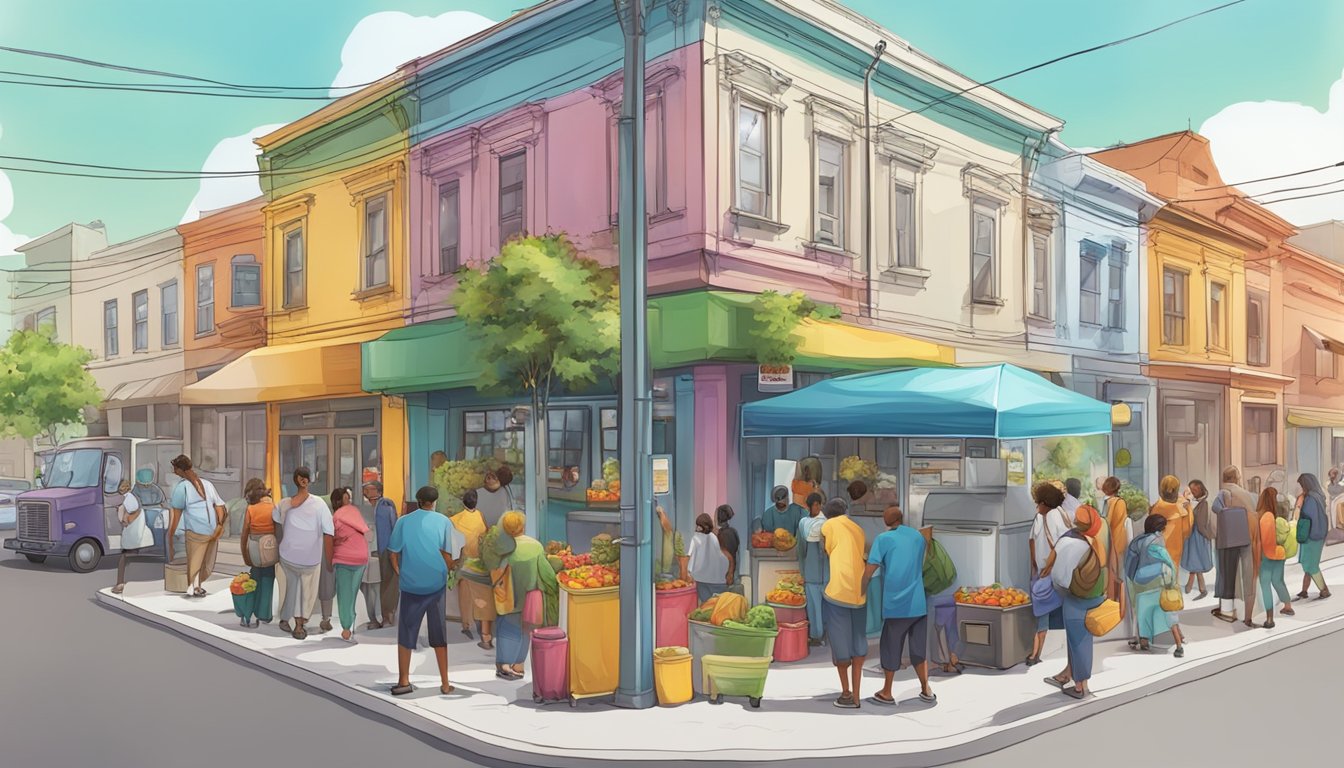 A bustling street corner with a colorful community fridge surrounded by people exchanging food and goods