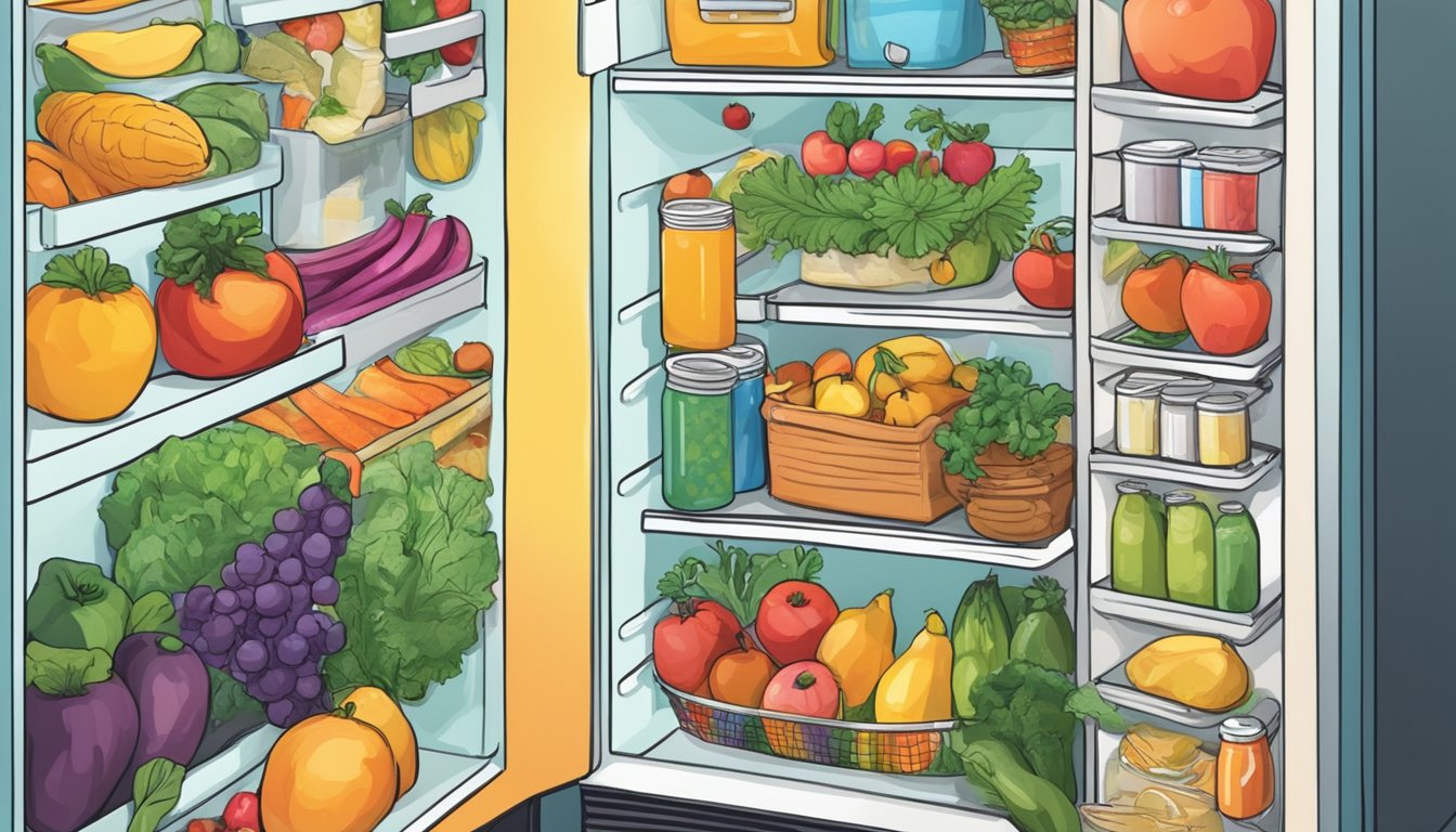 A brightly colored fridge stands adorned with fresh produce and canned goods, surrounded by a diverse array of people accessing its contents