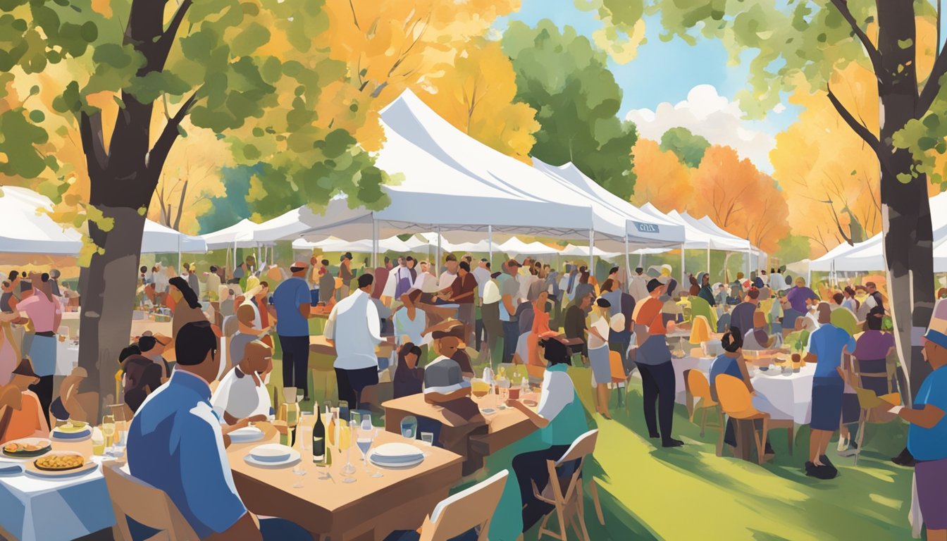 A bustling outdoor food and wine festival with chefs, winemakers, and food enthusiasts mingling under the shade of aspen trees