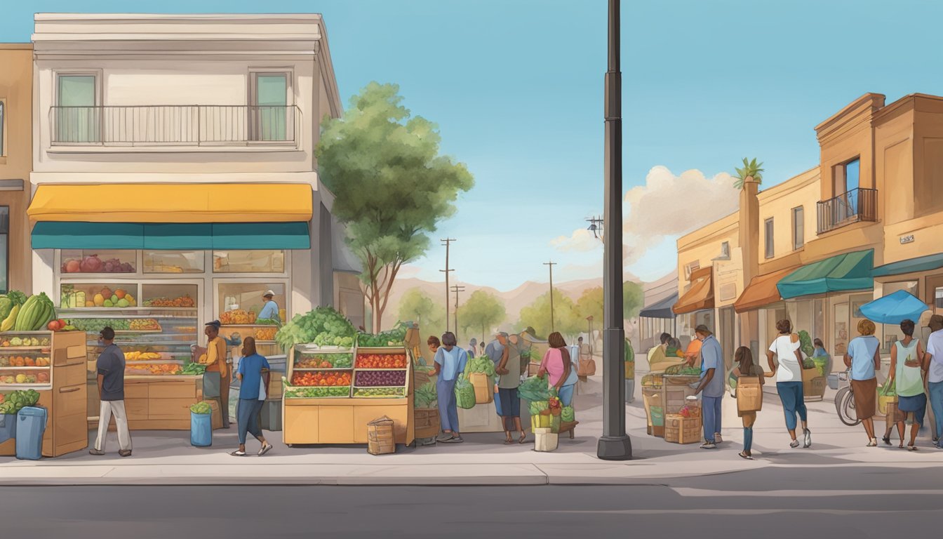 A bustling street corner in Peoria, Arizona, with a colorful community fridge filled with fresh produce and food items, surrounded by local residents donating and taking items