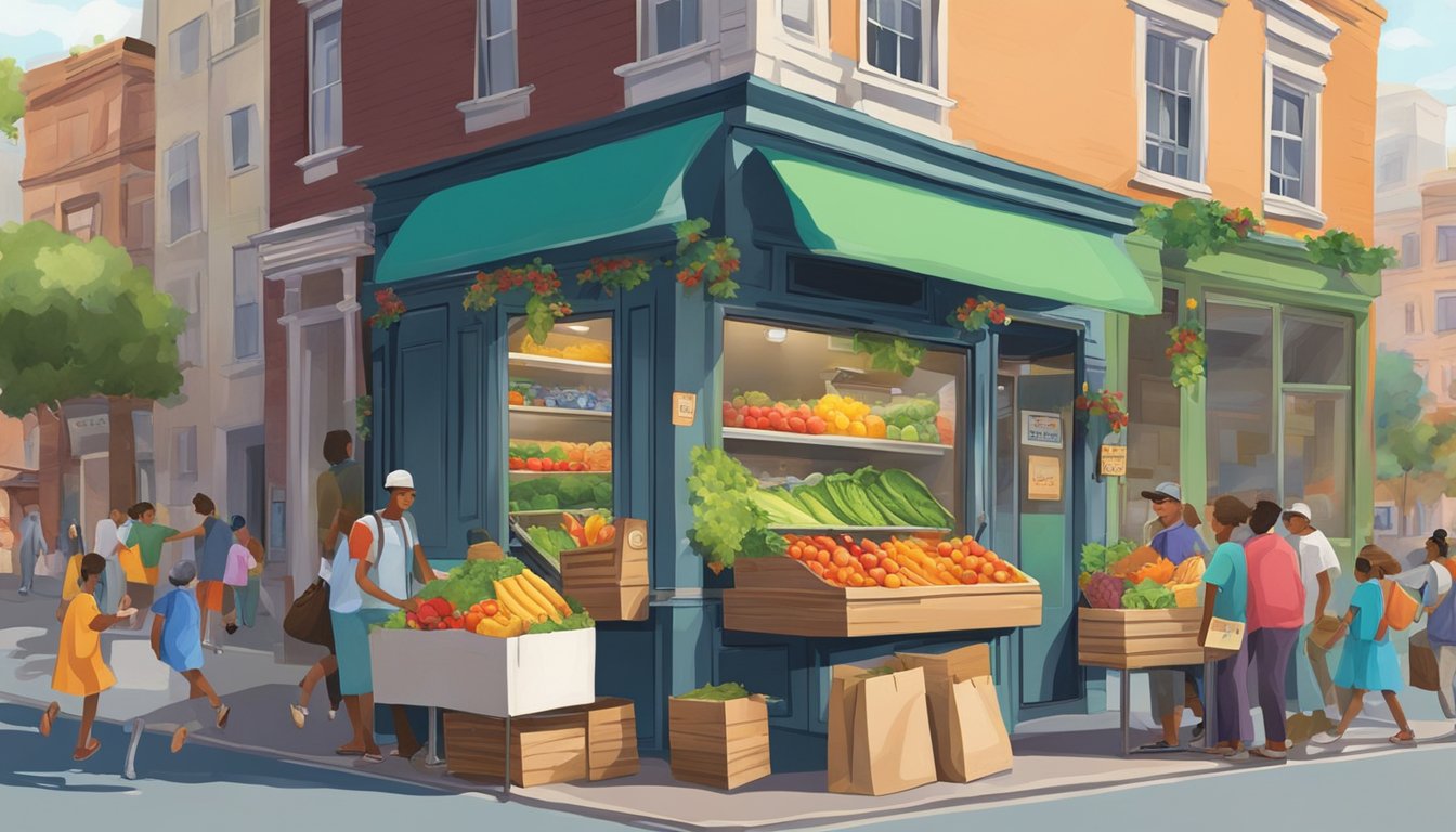 A bustling street corner with a colorful, decorated fridge filled with fresh produce and packaged goods. People of all ages and backgrounds are stopping by to contribute and take items