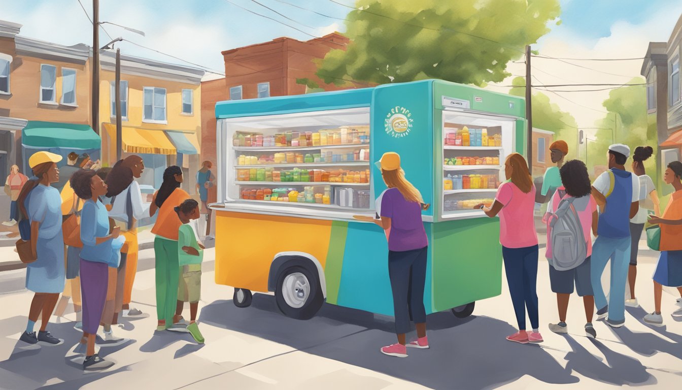 A bustling neighborhood street with a brightly painted community fridge surrounded by diverse volunteers and engaged locals