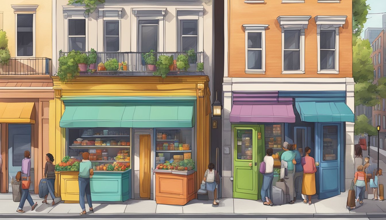 A bustling street corner with a colorful, well-stocked community fridge surrounded by diverse buildings and people