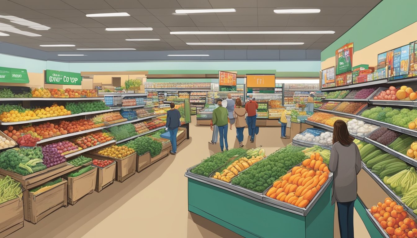 A bustling food co-op in Arvada, CO, with colorful produce displays, shelves stocked with local goods, and customers browsing the aisles