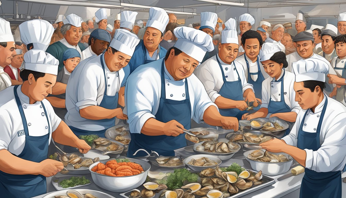 A bustling seafood cook-off with chefs shucking oysters and preparing dishes, surrounded by eager onlookers and judges