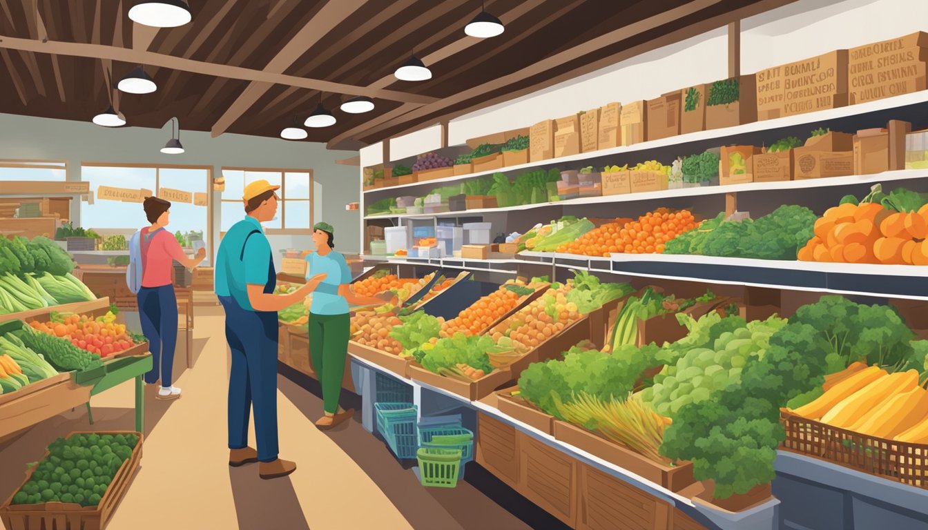 A bustling local food coop with colorful displays of fresh produce and shelves stocked with locally sourced goods. Customers chat with farmers and vendors, creating a vibrant atmosphere