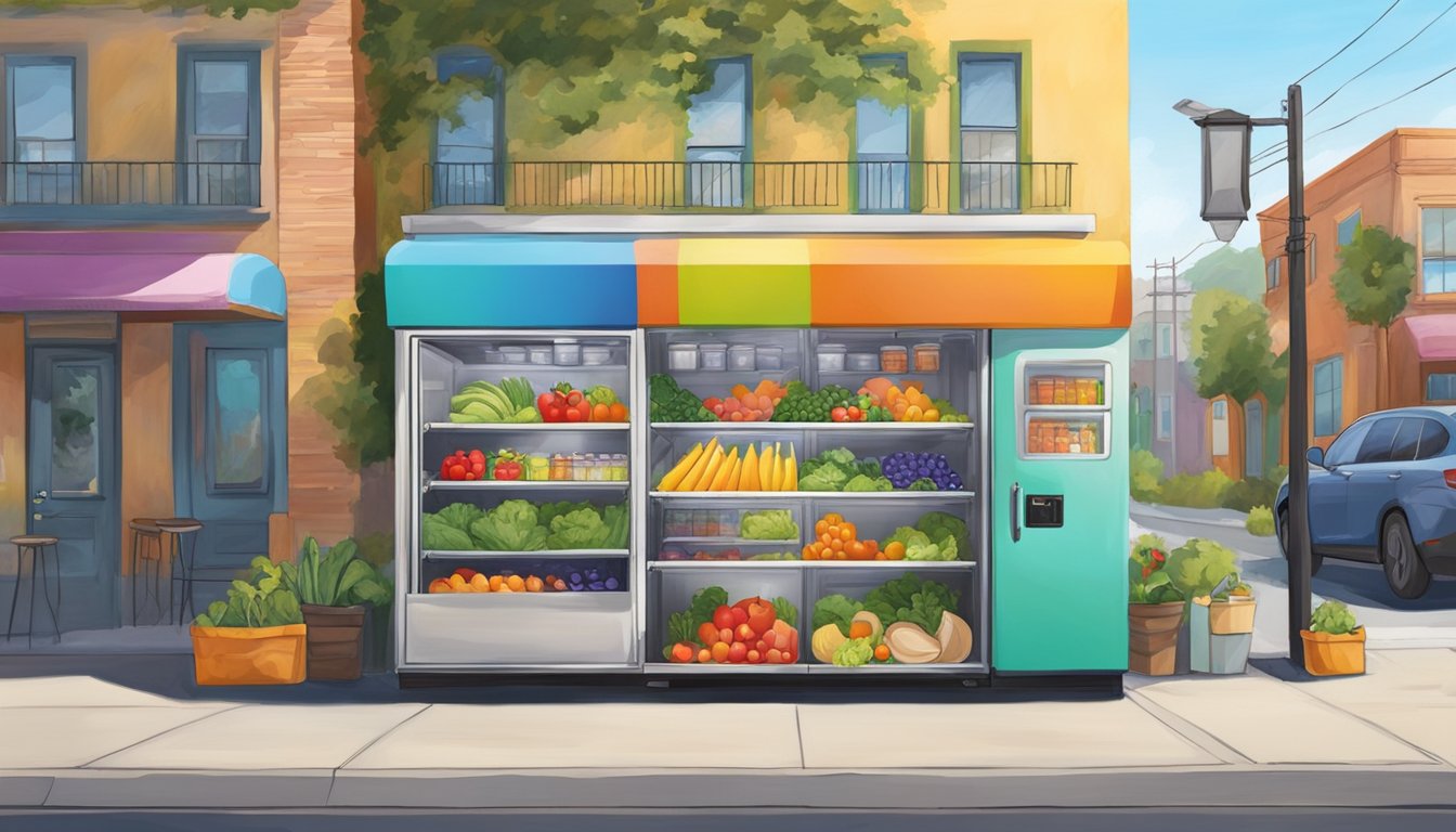 A colorful community fridge nestled among vibrant street art in Antioch, CA, with fresh produce and food items inside